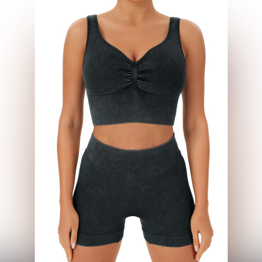 Seamless Black Ribbed Bralette and Shorts Set